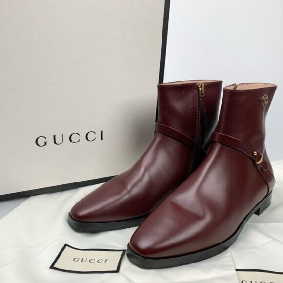 NIB Authentic GUCCI Burgundy Smooth Leather Elite GG Ankle Boots - Picture 11 of 11